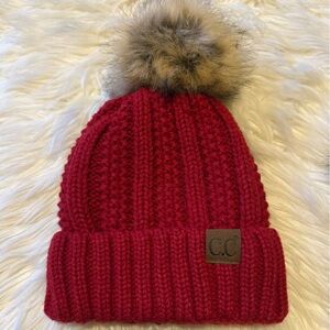 C.C. Burgundy Knit Hat with Faux Fur Pom-Pom